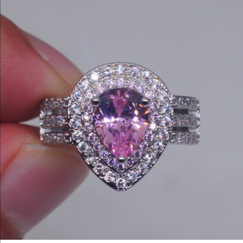 White Gold Filled Pink Pear Shaped Ring - Picture 3 of 5